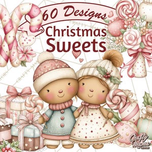 Puede incluir: Ilustración digital con dos personajes de dibujos animados con gorros y abrigos de invierno, rodeados de dulces y regalos navideños. La imagen incluye el texto "60 Designs Christmas Sweets."