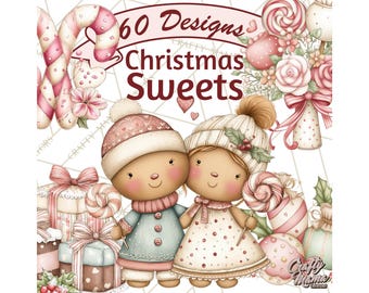 60 Png, Pastel Candy Canes and Sweet Treats Clipart PNG, Pink and Mint Holiday Clip Art, Cute Christmas Cookies and Candy Illustrations