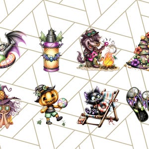 May include: A collection of whimsical Halloween-themed illustrations. Includes a vampire in a pool float, a lantern with bats, a wolf playing a ukulele, a witch's hat, a witch with a pineapple hat, a pumpkin character, a cat on a beach chair, and bat-themed flip-flops.