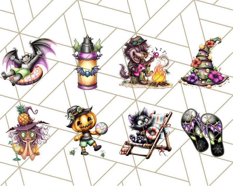 May include: A collection of whimsical Halloween-themed illustrations. Includes a vampire in a pool float, a lantern with bats, a wolf playing a ukulele, a witch's hat, a witch with a pineapple hat, a pumpkin character, a cat on a beach chair, and bat-themed flip-flops.