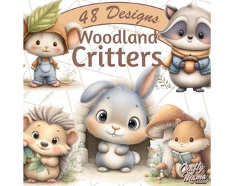 48 Png, Whimsical Woodland Animals Clipart, Cute Forest Creatures PNG, Playful Squirrel Fox Rabbit Raccoon Hedgehog Owl Digital Illustration