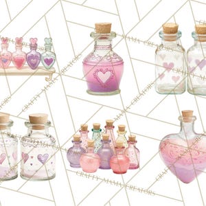 May include: A collection of decorative glass bottles with cork stoppers. Some bottles are heart-shaped or feature heart designs, filled with pink and purple liquids. The bottles are arranged on a white background with a geometric pattern.