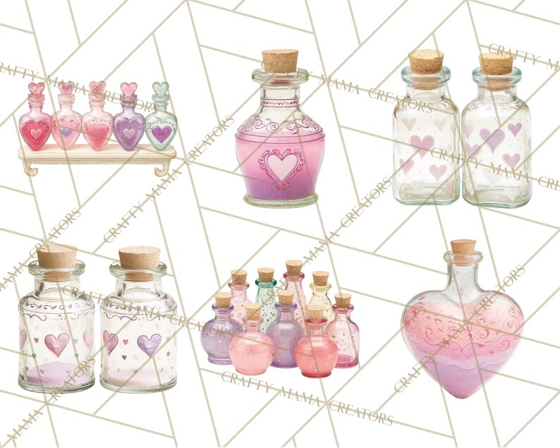 May include: A collection of decorative glass bottles with cork stoppers. Some bottles are heart-shaped or feature heart designs, filled with pink and purple liquids. The bottles are arranged on a white background with a geometric pattern.
