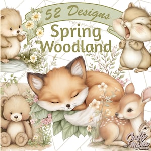 May include: A watercolour illustration of woodland animals, including a sleeping fox, a deer, and a bear, with the text "52 Designs Spring Woodland". The image uses soft colours and floral accents to create a whimsical, springtime theme.