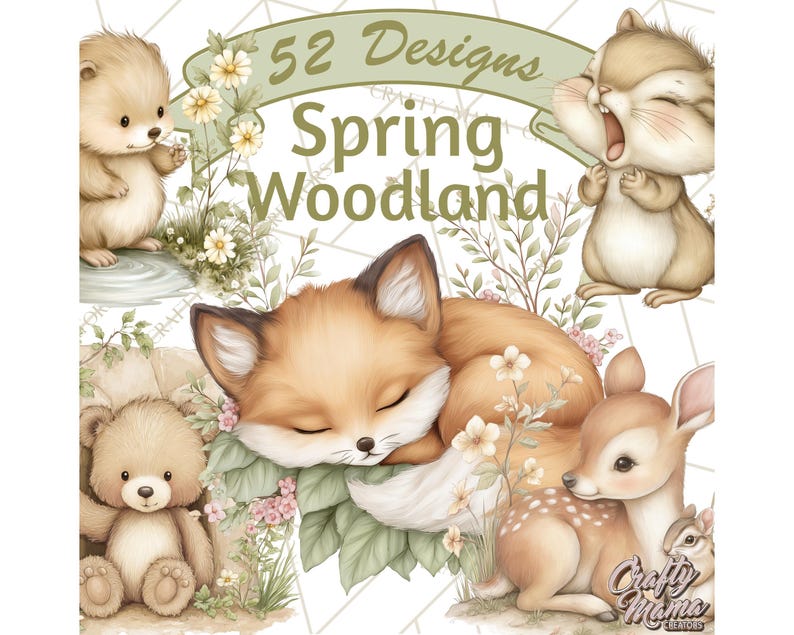 May include: A watercolour illustration of woodland animals, including a sleeping fox, a deer, and a bear, with the text "52 Designs Spring Woodland". The image uses soft colours and floral accents to create a whimsical, springtime theme.