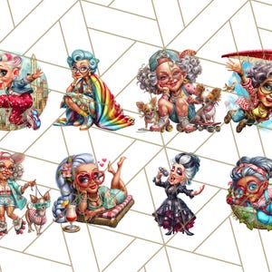 May include: A collection of eight cartoon illustrations featuring elderly women in various poses and settings. The women have stylized features, wearing glasses and fashionable outfits. Each illustration is set against a white and gold geometric background.