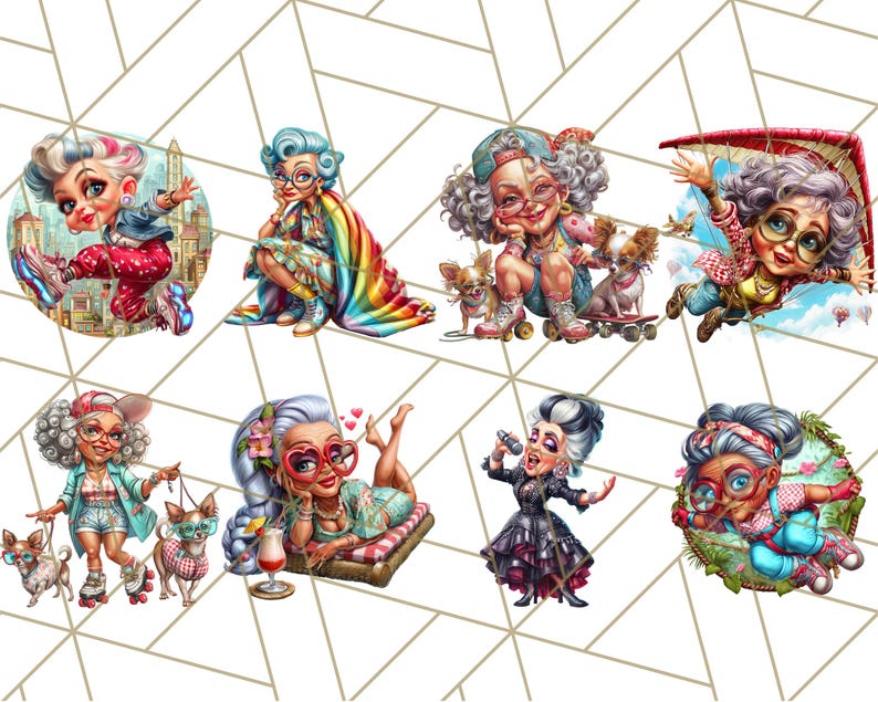 May include: A collection of eight cartoon illustrations featuring elderly women in various poses and settings. The women have stylized features, wearing glasses and fashionable outfits. Each illustration is set against a white and gold geometric background.