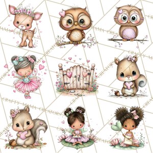 Puede incluir: Ilustraciones en acuarela de adorables criaturas del bosque y hadas. La imagen presenta un cervatillo, b&uacute;hos, ardillas y hadas, cada uno sosteniendo corazones o rodeado de elementos florales. Los colores pastel suaves y el estilo caprichoso crean una est&eacute;tica encantadora.