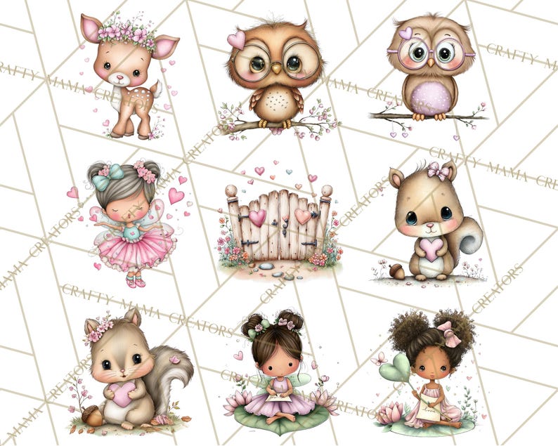 Puede incluir: Ilustraciones en acuarela de adorables criaturas del bosque y hadas. La imagen presenta un cervatillo, b&uacute;hos, ardillas y hadas, cada uno sosteniendo corazones o rodeado de elementos florales. Los colores pastel suaves y el estilo caprichoso crean una est&eacute;tica encantadora.