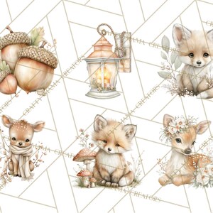 Puede incluir: Ilustraciones en acuarela de animales del bosque y elementos oto&ntilde;ales. La imagen presenta un zorro, un ciervo, bellotas, una linterna y setas. Las ilustraciones son en colores suaves y apagados con detalles delicados, perfectas para dise&ntilde;os de oto&ntilde;o.