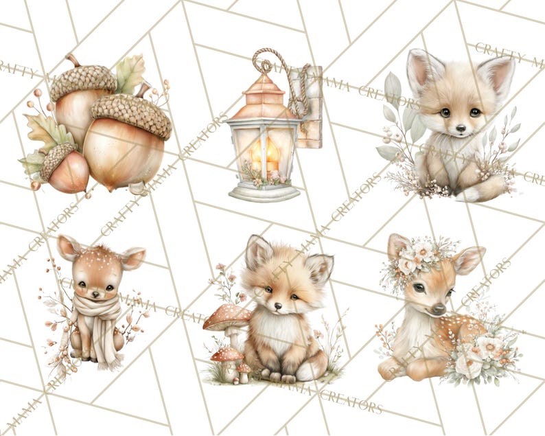 Puede incluir: Ilustraciones en acuarela de animales del bosque y elementos oto&ntilde;ales. La imagen presenta un zorro, un ciervo, bellotas, una linterna y setas. Las ilustraciones son en colores suaves y apagados con detalles delicados, perfectas para dise&ntilde;os de oto&ntilde;o.