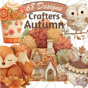 May include: A digital illustration with an autumnal theme. The image includes a decorative coffee cup, an owl on a branch, a fox, a house, and an acorn. The text "68 Designs Crafters Autumn" is displayed across the top.