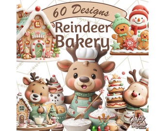 60 Png Reindeer Bakery Clipart PNG, Christmas Baking Reindeer, Gingerbread House Clip Art, Cute Holiday Baking PNG, Cookie Kitchen Printable