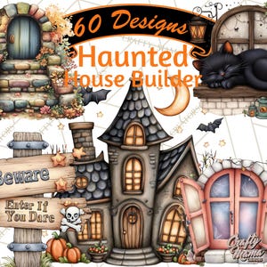 May include: A digital illustration featuring a haunted house builder theme. The image includes a spooky house, a sleeping black cat, bats, pumpkins, and a sign that reads "Beware Enter If You Dare". The text "60 Designs Haunted House Builder" is also present.