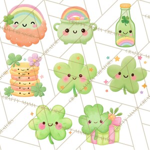 May include: A set of St. Patrick's Day illustrations featuring a rainbow, a pot of gold, a bottle with a rainbow, a stack of cookies, and several four-leaf clovers with smiling faces. The illustrations are in pastel colours.