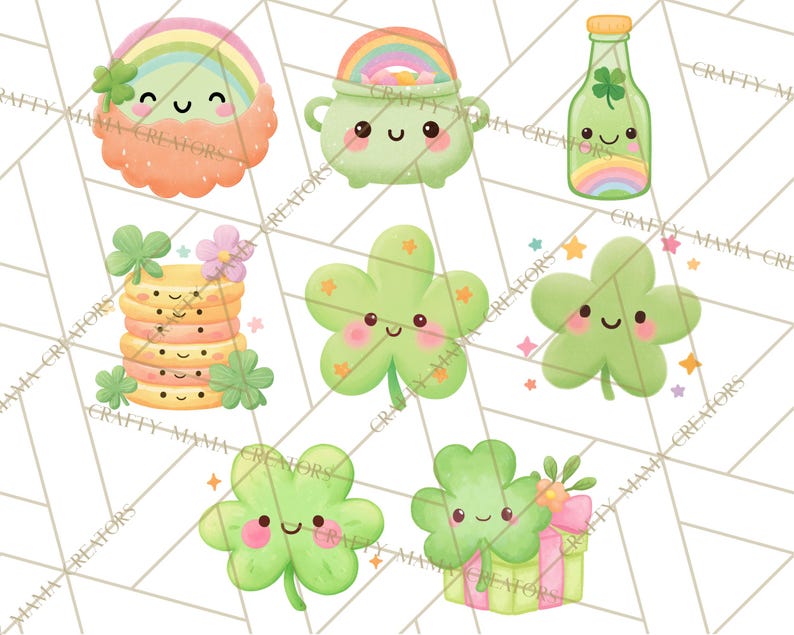 May include: A set of St. Patrick's Day illustrations featuring a rainbow, a pot of gold, a bottle with a rainbow, a stack of cookies, and several four-leaf clovers with smiling faces. The illustrations are in pastel colours.