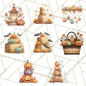 May include: Watercolor illustrations of autumn-themed decorations. The image features pumpkins, hay bales, bats, and fall foliage. There are also decorative lanterns and a basket filled with pumpkins. The color palette includes orange, brown, and green.