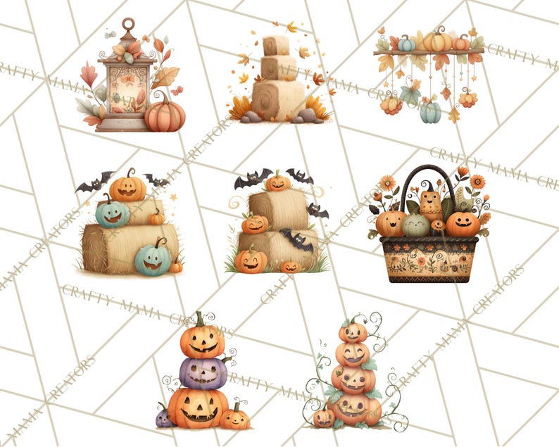 May include: Watercolor illustrations of autumn-themed decorations. The image features pumpkins, hay bales, bats, and fall foliage. There are also decorative lanterns and a basket filled with pumpkins. The color palette includes orange, brown, and green.
