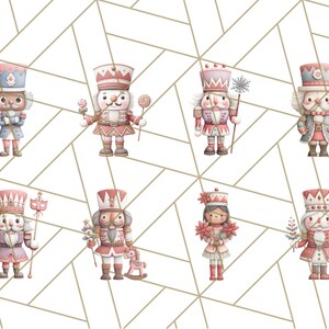 以下が含まれることがあります： お祝いの衣装を着た様々なくるみ割り人形の水彩イラスト。くるみ割り人形は赤、ピンク、青、白の色合いで、キャンディケインや装飾的な杖などのアイテムを持っています。背景は白い幾何学模様です。