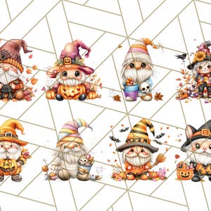 May include: Eight Halloween gnomes with different costumes and accessories. The gnomes are wearing hats, holding pumpkins, candy buckets, and brooms. They are surrounded by fall leaves and candy.