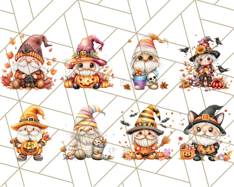 May include: Eight Halloween gnomes with different costumes and accessories. The gnomes are wearing hats, holding pumpkins, candy buckets, and brooms. They are surrounded by fall leaves and candy.