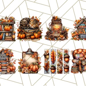 May include: Watercolor illustrations of autumn-themed objects. The image includes a bookshelf with pumpkins, a sleeping cat on books, a candle in a jar, a miniature library, a clipboard, and a cozy armchair with books. The color palette features warm oranges and browns.