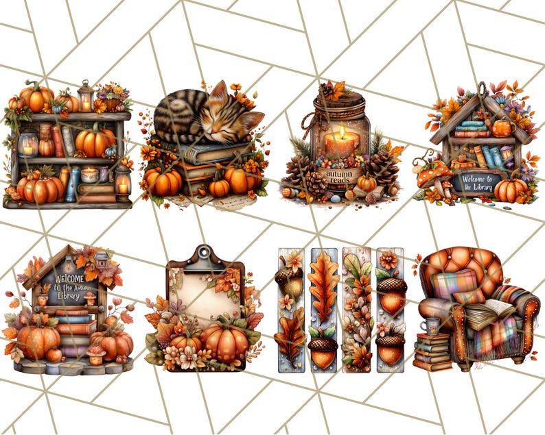 May include: Watercolor illustrations of autumn-themed objects. The image includes a bookshelf with pumpkins, a sleeping cat on books, a candle in a jar, a miniature library, a clipboard, and a cozy armchair with books. The color palette features warm oranges and browns.