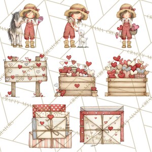 May include: Watercolor illustrations featuring a girl in a red gingham outfit with a straw hat, interacting with a horse and a goat. Other images include wooden crates and a sign decorated with hearts, and stacks of envelopes tied with twine.