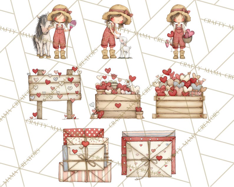 May include: Watercolor illustrations featuring a girl in a red gingham outfit with a straw hat, interacting with a horse and a goat. Other images include wooden crates and a sign decorated with hearts, and stacks of envelopes tied with twine.