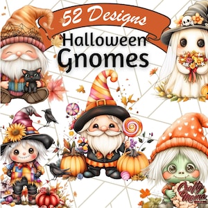 May include: 52 Halloween Gnome designs featuring a variety of gnomes with different costumes and accessories, including a witch, a ghost, a scarecrow, and a pumpkin. The gnomes are all smiling and have friendly faces.