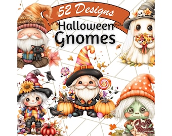 Könnte beinhalten: 52 Halloween-Gnom-Designs mit einer Vielzahl von Gnomen mit verschiedenen Kostümen und Accessoires, darunter eine Hexe, ein Geist, ein Vogelscheuche und ein Kürbis. Die Gnome sind alle lächelnd und haben freundliche Gesichter.