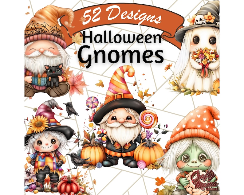 May include: 52 Halloween Gnome designs featuring a variety of gnomes with different costumes and accessories, including a witch, a ghost, a scarecrow, and a pumpkin. The gnomes are all smiling and have friendly faces.
