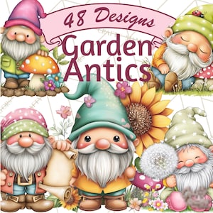 48 Png, Mischievous Gnome Clipart, Whimsical Garden PNG Clip Art, Funny Gnomes, Fairytale Antics, Mushroom Art, Printable Digital Download