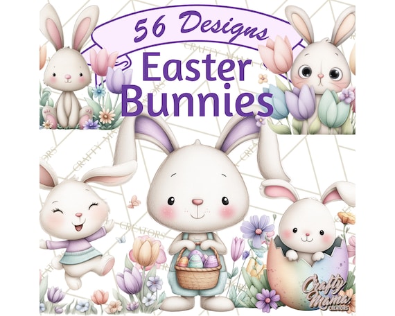 56 Png, Floral Easter Bunnies Clipart, Cute and Elegant Bunny Easter Eggs, Spring Bunny Clip Art PNG, Pastel Easter Illustration