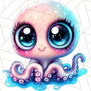 Pu&ograve; includere: Un'illustrazione di un polpo rosa e blu con grandi occhi azzurri scintillanti e un dolce sorriso. Il polpo &egrave; circondato da uno sfondo blu acquatico.