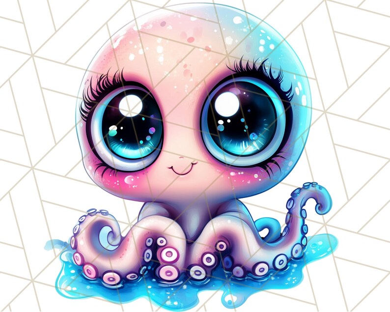 Pu&ograve; includere: Un'illustrazione di un polpo rosa e blu con grandi occhi azzurri scintillanti e un dolce sorriso. Il polpo &egrave; circondato da uno sfondo blu acquatico.