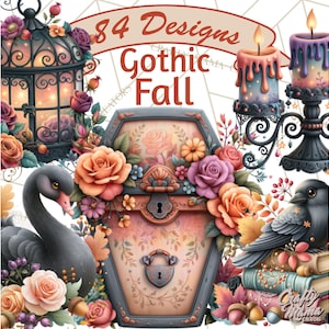 May include: A digital graphic featuring the text 84 Designs Gothic Fall, showcasing a central coffin adorned with roses, a black swan, a raven perched on books, a birdcage, and lit candles in shades of orange, pink, purple, and black.