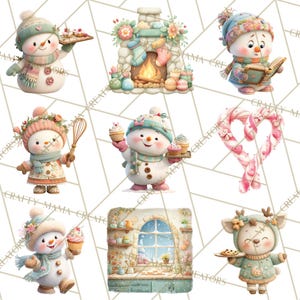 May include: A collection of whimsical winter-themed illustrations. The images feature snowmen, a deer, and a fireplace, all adorned with festive accessories. The color palette includes soft pastels and wintery blues, creating a cozy and cheerful atmosphere. The illustrations are perfect for holiday crafts.