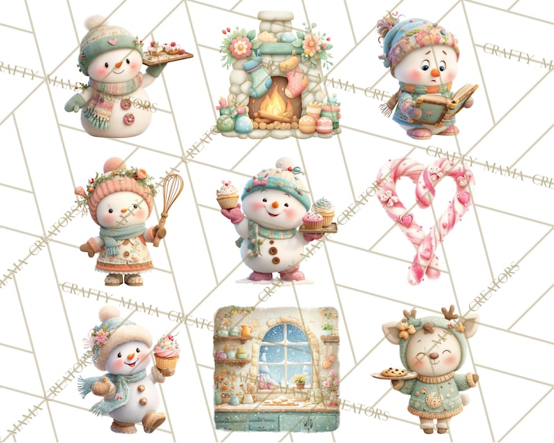 May include: A collection of whimsical winter-themed illustrations. The images feature snowmen, a deer, and a fireplace, all adorned with festive accessories. The color palette includes soft pastels and wintery blues, creating a cozy and cheerful atmosphere. The illustrations are perfect for holiday crafts.