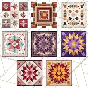 Peut inclure: Une collection de courtepointes faites &agrave; la main avec divers motifs. Les courtepointes pr&eacute;sentent des motifs d'&eacute;toiles, floraux et g&eacute;om&eacute;triques dans des tons de rouge, de violet, de jaune et de bleu. Chaque courtepointe est carr&eacute;e et pr&eacute;sente des coutures complexes.