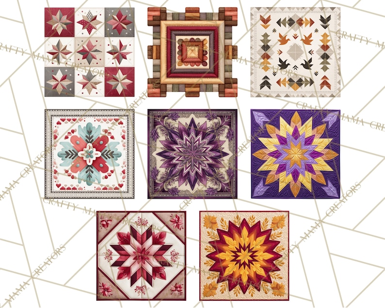Peut inclure: Une collection de courtepointes faites &agrave; la main avec divers motifs. Les courtepointes pr&eacute;sentent des motifs d'&eacute;toiles, floraux et g&eacute;om&eacute;triques dans des tons de rouge, de violet, de jaune et de bleu. Chaque courtepointe est carr&eacute;e et pr&eacute;sente des coutures complexes.