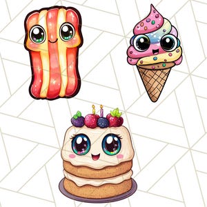 Puede incluir: Tres alimentos de dibujos animados con caras lindas. Un cono de helado rosa y azul con chispas, una pila de panqueques con bayas y velas, y un tocino rayado rojo y blanco.