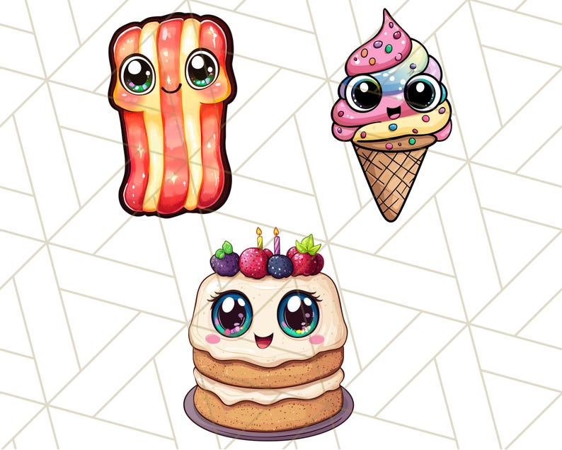 Puede incluir: Tres alimentos de dibujos animados con caras lindas. Un cono de helado rosa y azul con chispas, una pila de panqueques con bayas y velas, y un tocino rayado rojo y blanco.