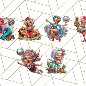 May include: A collection of six cartoon illustrations of a woman in various poses. The woman has white curly hair and is wearing different outfits, including overalls, a dress, and a swimsuit. The background is a white geometric pattern.