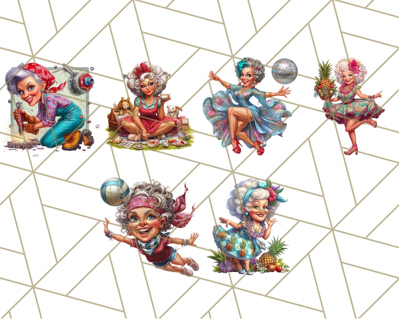 May include: A collection of six cartoon illustrations of a woman in various poses. The woman has white curly hair and is wearing different outfits, including overalls, a dress, and a swimsuit. The background is a white geometric pattern.