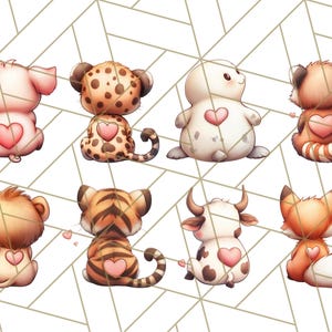 May include: Eight adorable cartoon animals with hearts on their backs. The animals include a pig, a cheetah, a seal, a red panda, a lion, a tiger, a cow, and a fox.