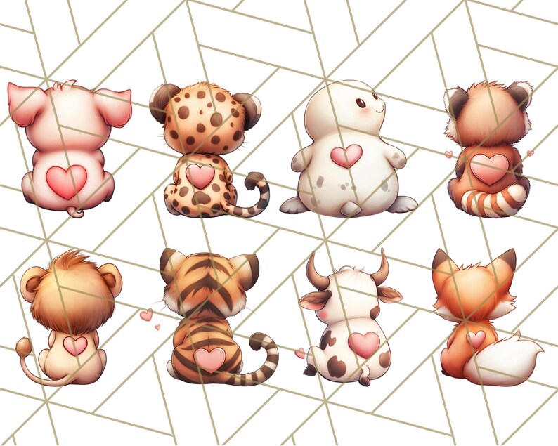 May include: Eight adorable cartoon animals with hearts on their backs. The animals include a pig, a cheetah, a seal, a red panda, a lion, a tiger, a cow, and a fox.