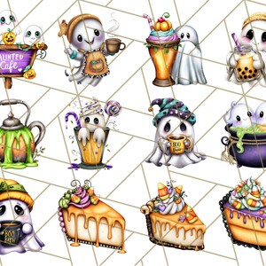 May include: A collection of whimsical Halloween-themed illustrations featuring cute ghost characters. The images include ghosts with coffee, boba tea, and slices of pie, along with a haunted cafe sign and a cauldron. The color palette includes orange, purple, and white.