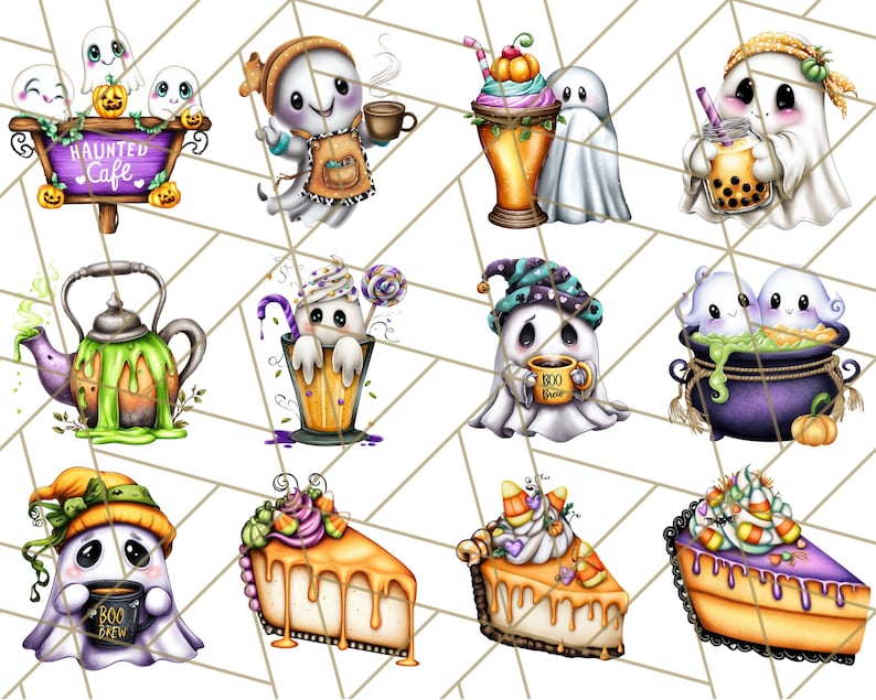 May include: A collection of whimsical Halloween-themed illustrations featuring cute ghost characters. The images include ghosts with coffee, boba tea, and slices of pie, along with a haunted cafe sign and a cauldron. The color palette includes orange, purple, and white.