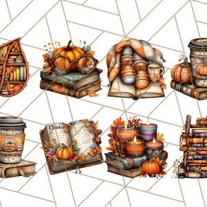 May include: A collection of watercolor illustrations featuring autumn-themed objects. The images include pumpkins, books, coffee cups, candles, and a leaf-shaped bookshelf. The color palette consists of warm oranges, browns, and yellows, evoking a cozy fall atmosphere.